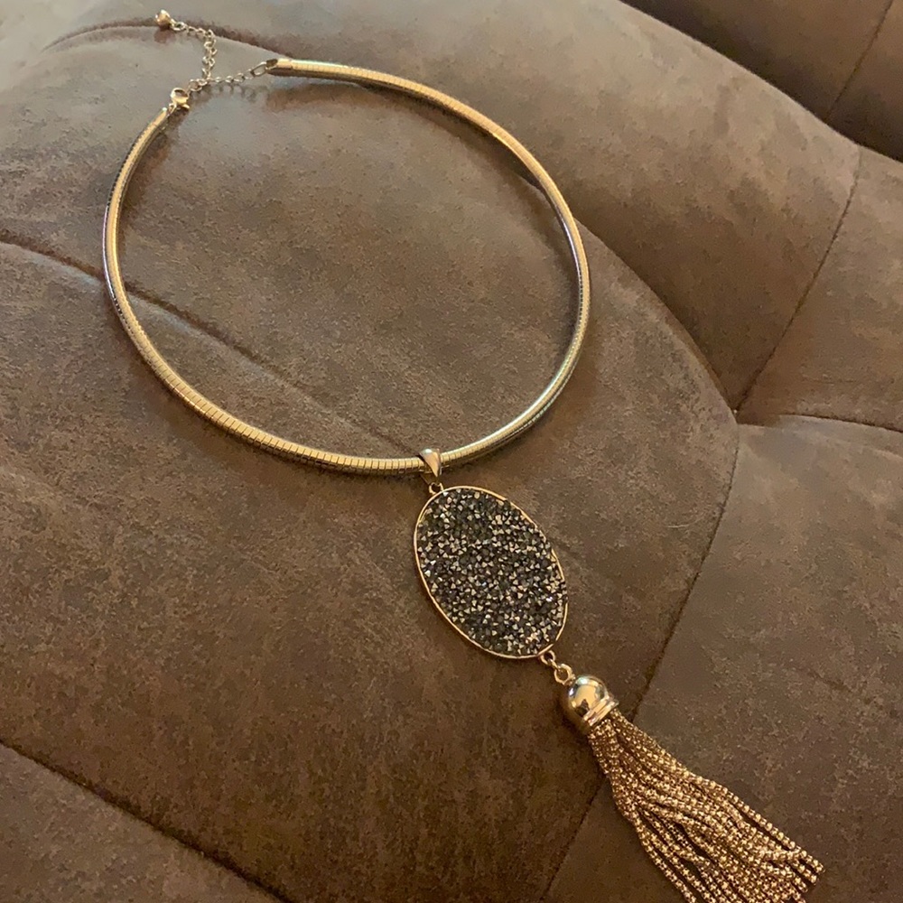 Gold and Sparkly Gray Pendant Statement Necklace